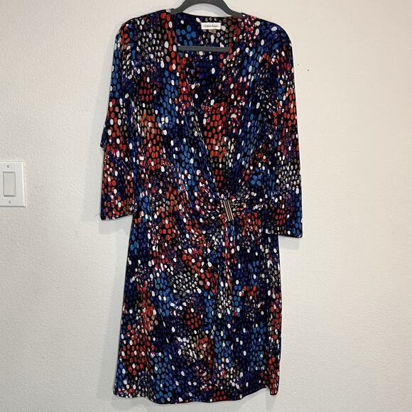 Calvin Klein Faux Wrap Dress Plus Size 18W Blue Colorful Dot Print Ruched Jersey - Picture 2 of 15